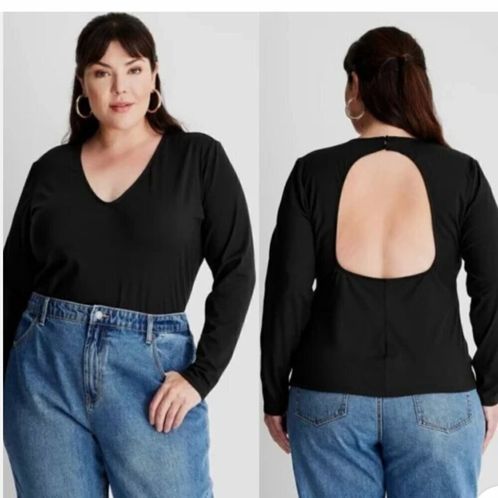 NWT Future Collection Black Open Back V Neck Top Comfy Minimalist Closet Staple